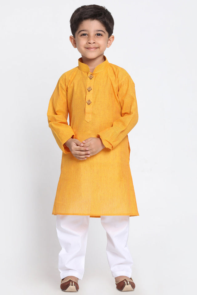 Boy's Blended Cotton Kurta Set In Yellow