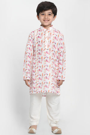 Boy's Blended Cotton Multicolor Kurta Set In White