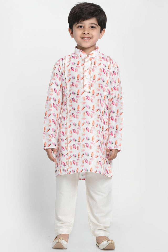 Boy's Blended Cotton Multicolor Kurta Set In White