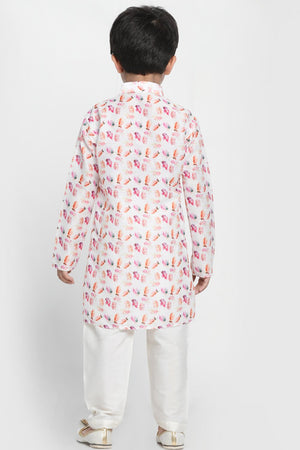 Boy's Blended Cotton Multicolor Kurta Set In White