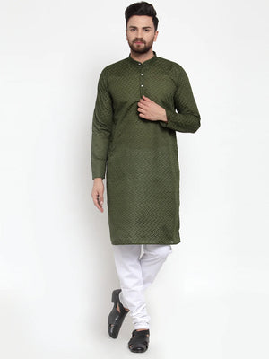 Men's Olive Cotton Embroidered Kurta Set