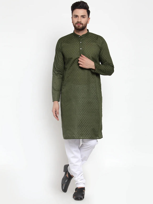 Men's Olive Cotton Embroidered Kurta Set