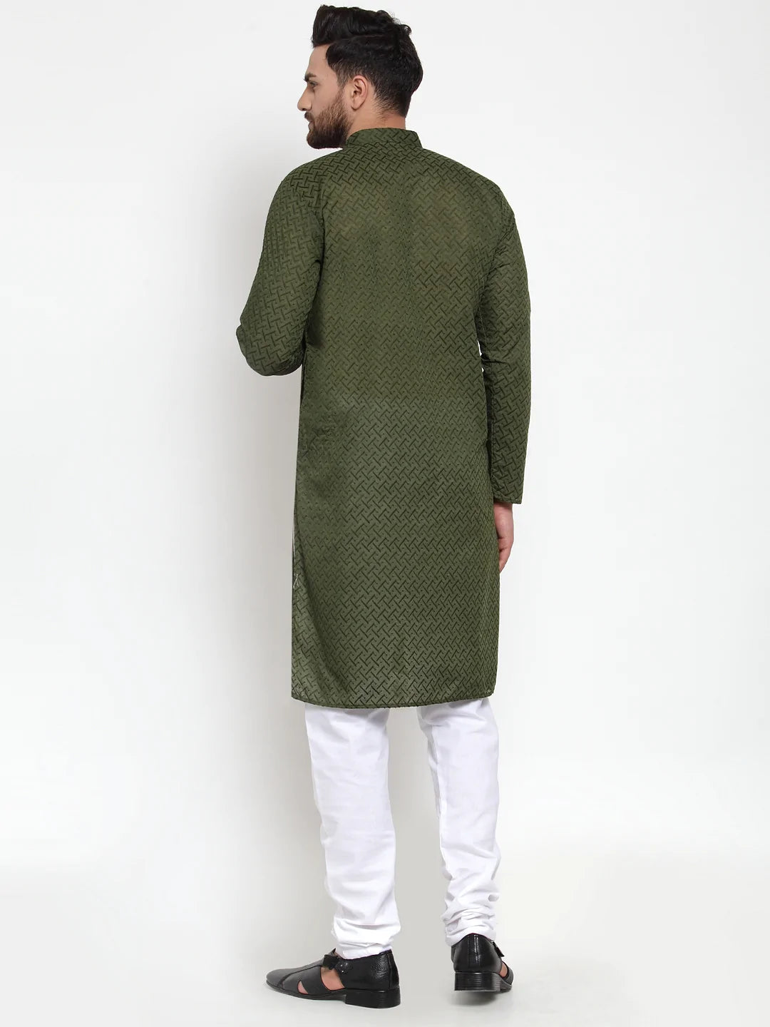 Men's Olive Cotton Embroidered Kurta Set
