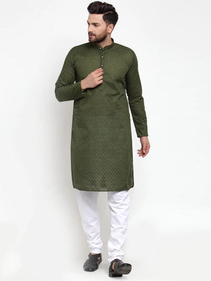 Men's Olive Cotton Embroidered Kurta Set