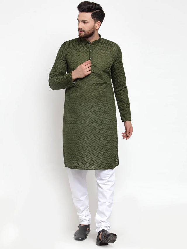 Men's Olive Cotton Embroidered Kurta Set