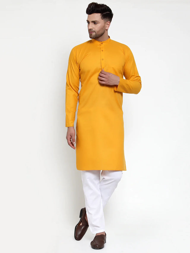 Men's Mustard Cotton Solid Kurta Set