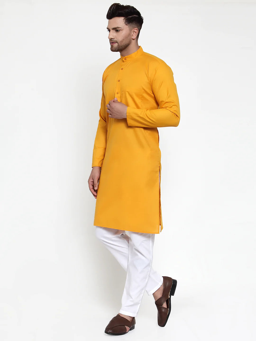 Men's Mustard Cotton Solid Kurta Set
