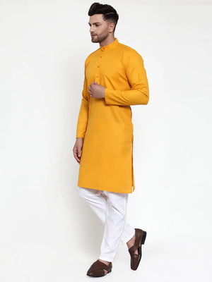 Men's Mustard Cotton Solid Kurta Set