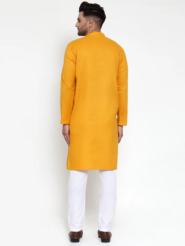 Men's Mustard Cotton Solid Kurta Set