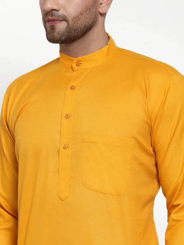 Men's Mustard Cotton Solid Kurta Set