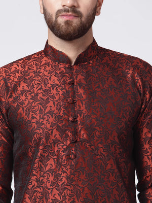 Men's Maroon Jacquard Silk Woven Design Kurta Top