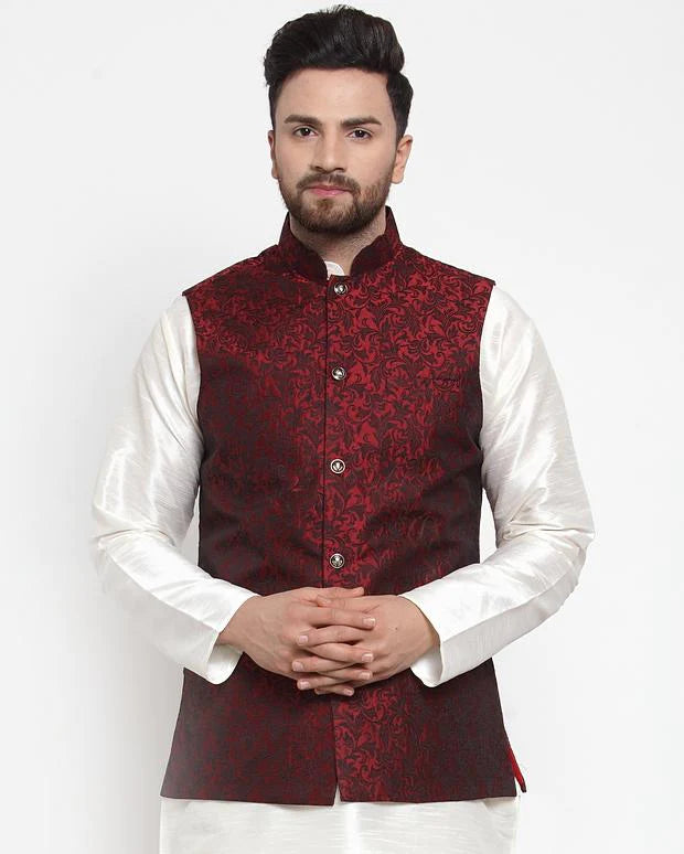 Men's Maroon Cotton Woven Nehru Jacket (JOWC_4004_Maroon)