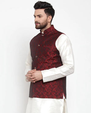 Men's Maroon Cotton Woven Nehru Jacket (JOWC_4004_Maroon)