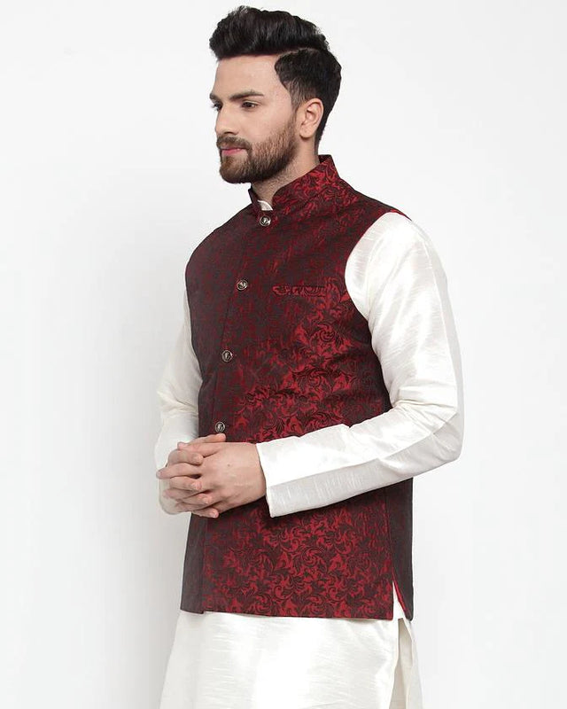 Men's Maroon Cotton Woven Nehru Jacket (JOWC_4004_Maroon)