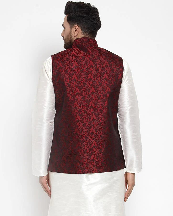 Men's Maroon Cotton Woven Nehru Jacket (JOWC_4004_Maroon)