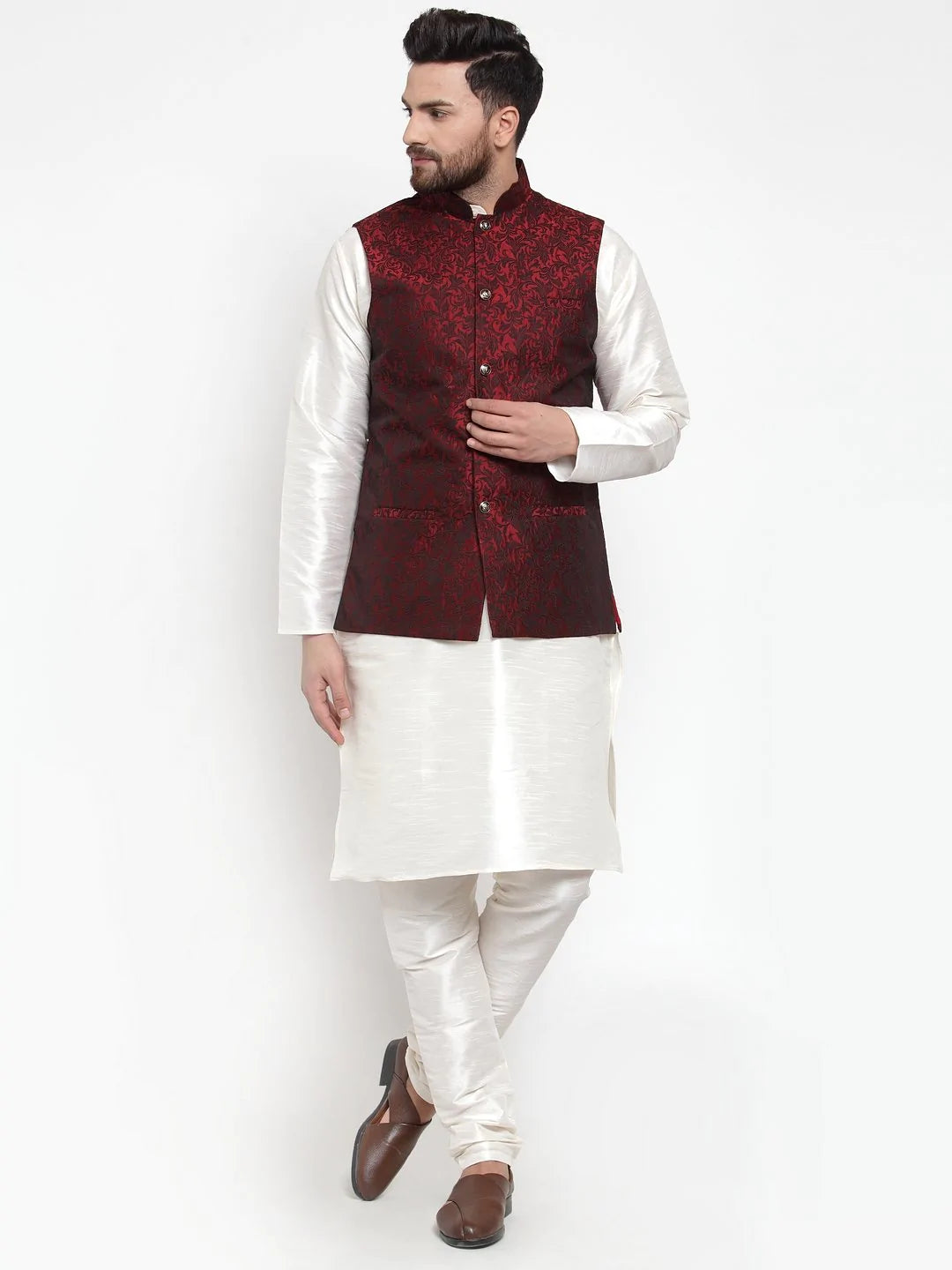 Men's Maroon Cotton Woven Nehru Jacket (JOWC_4004_Maroon)