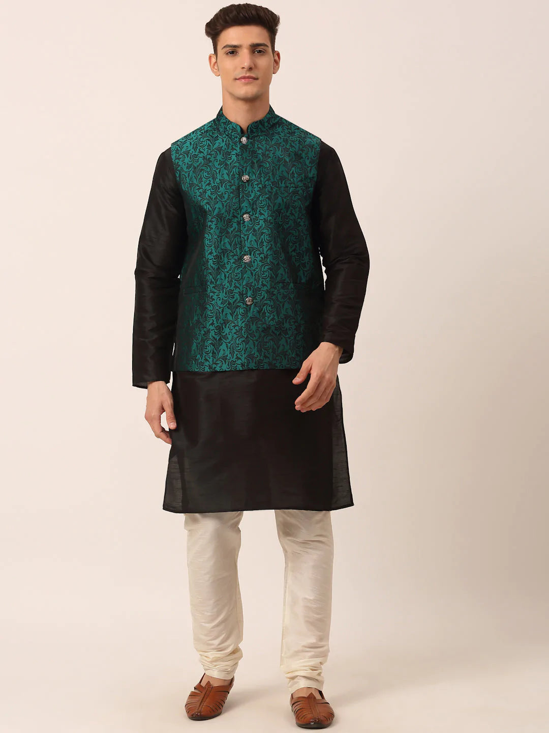 Men's Green Jacquard Silk Woven Design Kurta Set With Jacket