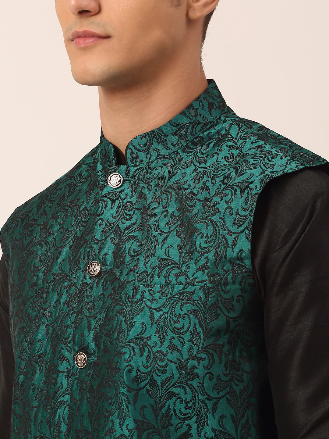 Men's Green Jacquard Silk Woven Design Kurta Set With Jacket
