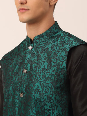 Men's Green Jacquard Silk Woven Design Kurta Set With Jacket