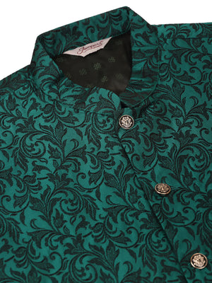Men's Green Jacquard Silk Woven Design Kurta Set With Jacket