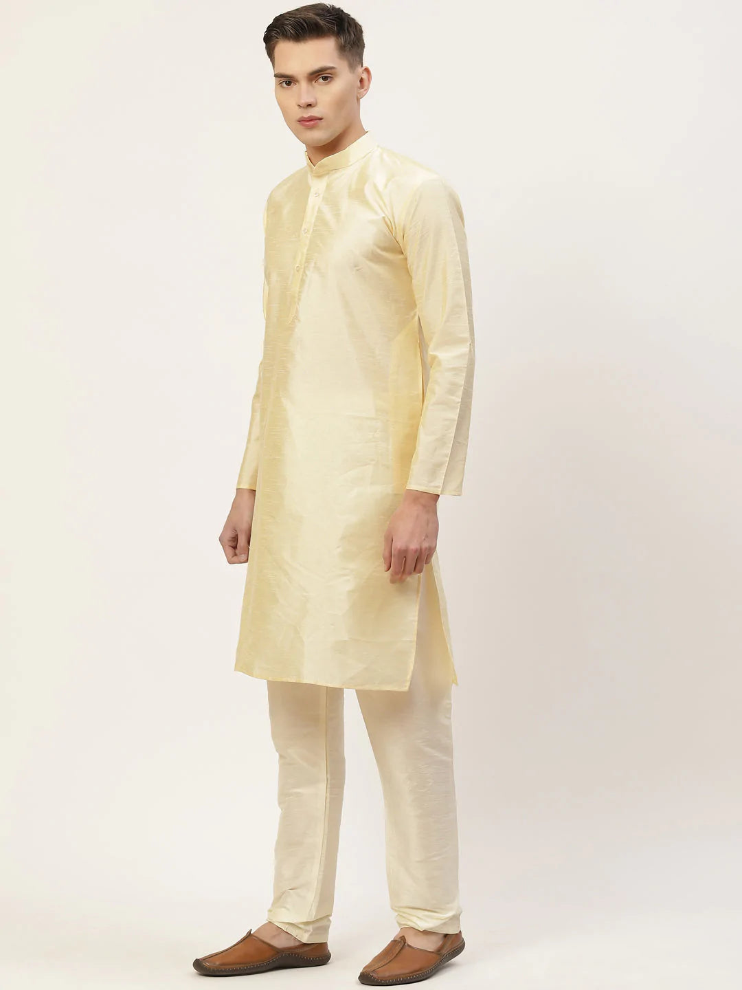 Men's Cream Jacquard Silk Woven Design Kurta Set With Jacket (JOKPWC_G-D_4032Cream)