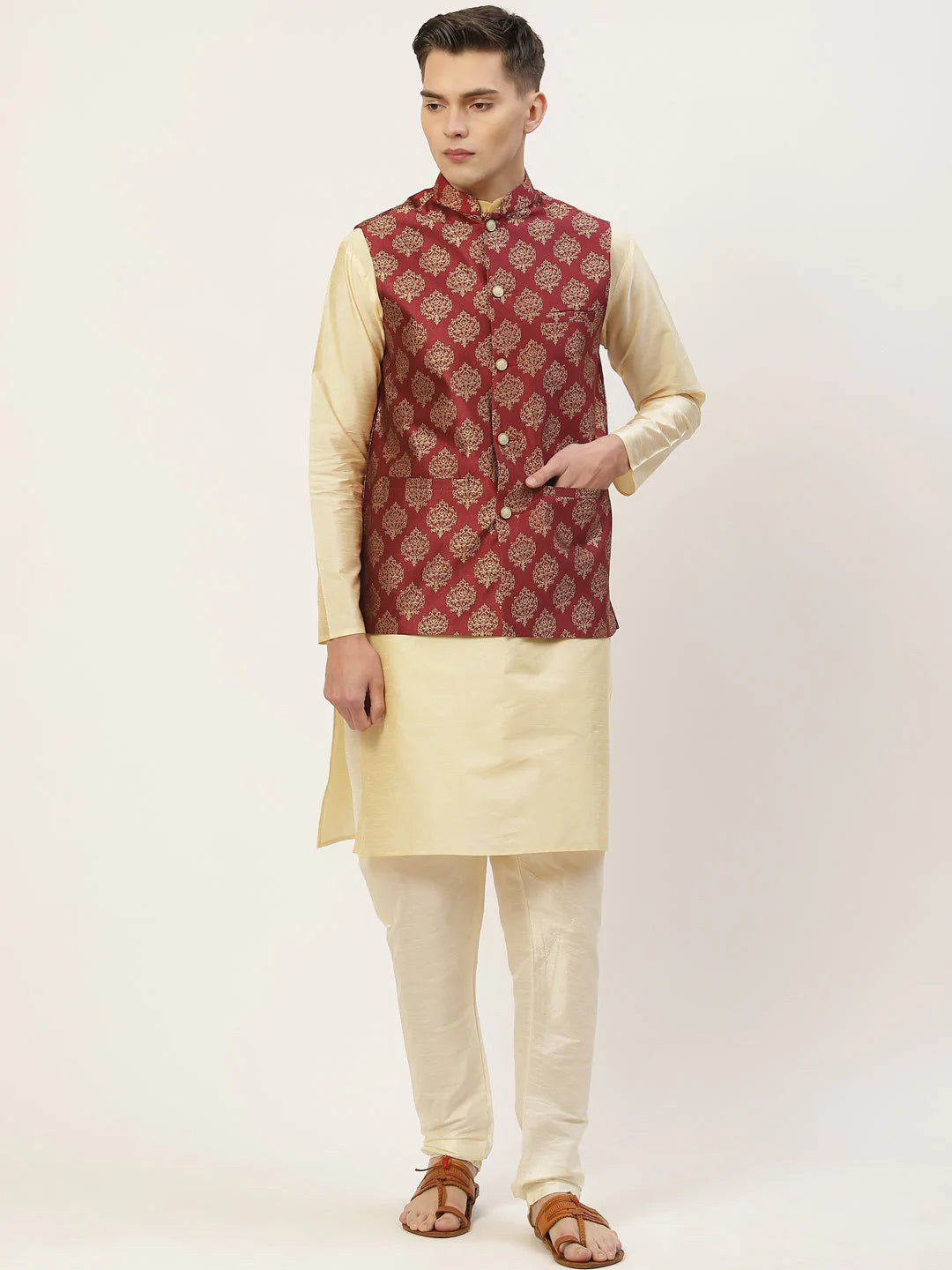 Men's Maroon Jacquard Silk Woven Design Kurta Set With Jacket (JOKPWC_G-D_4032Maroon)