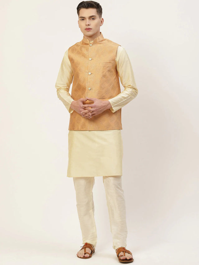 Men's Peach Jacquard Silk Woven Design Kurta Set With Jacket (JOKPWC_G-D_4032Peach)
