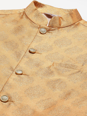 Men's Peach Jacquard Silk Woven Design Kurta Set With Jacket (JOKPWC_G-D_4032Peach)