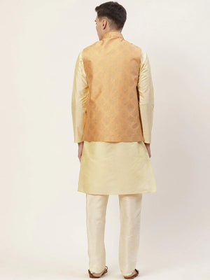 Men's Peach Jacquard Silk Woven Design Kurta Set With Jacket (JOKPWC_G-D_4032Peach)