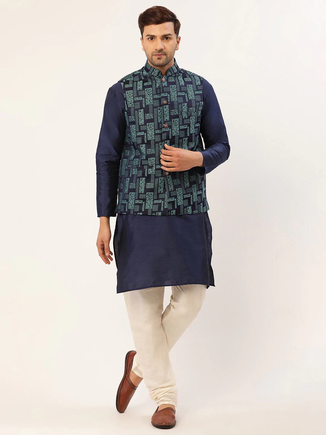 Men's Navy Blue Cotton Blend Printed Kurta Set With Jacket