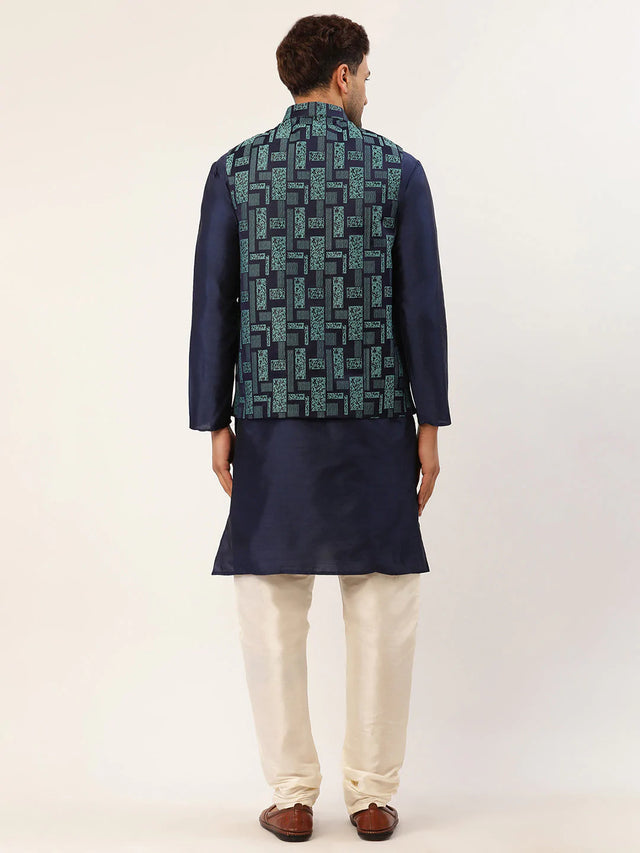 Men's Navy Blue Cotton Blend Printed Kurta Set With Jacket