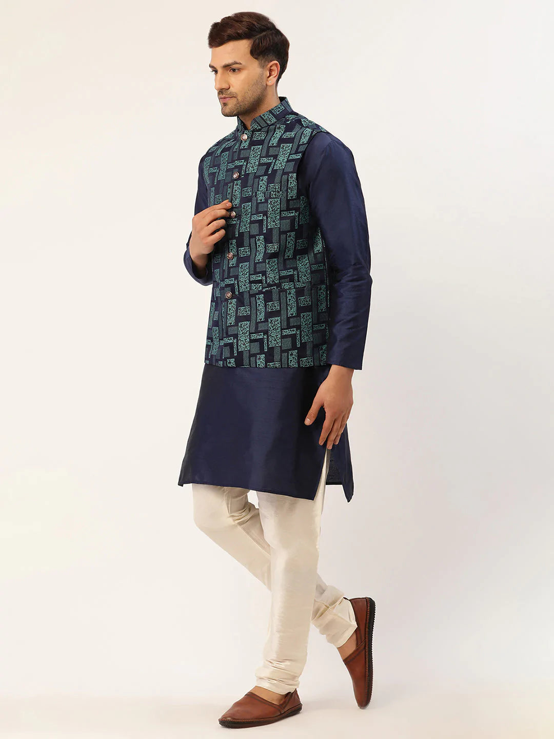 Men's Navy Blue Cotton Blend Printed Kurta Set With Jacket
