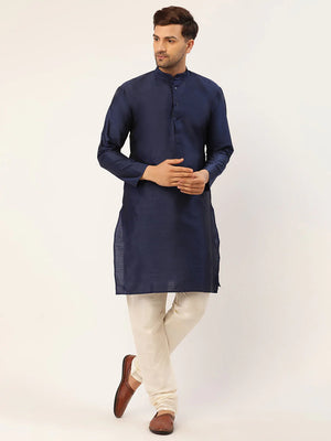 Men's Navy Blue Cotton Blend Printed Kurta Set With Jacket
