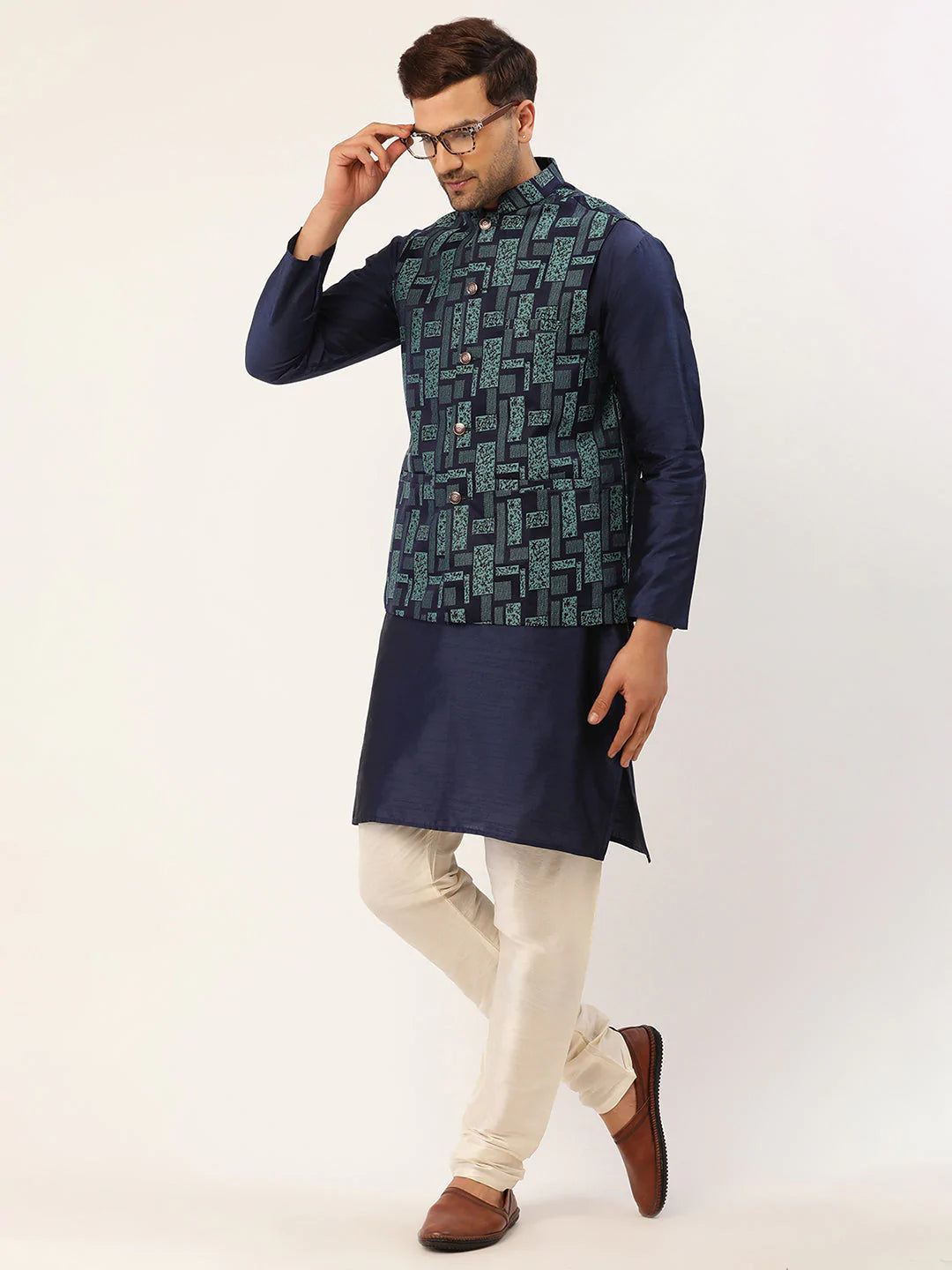 Men's Navy Blue Cotton Blend Printed Kurta Set With Jacket