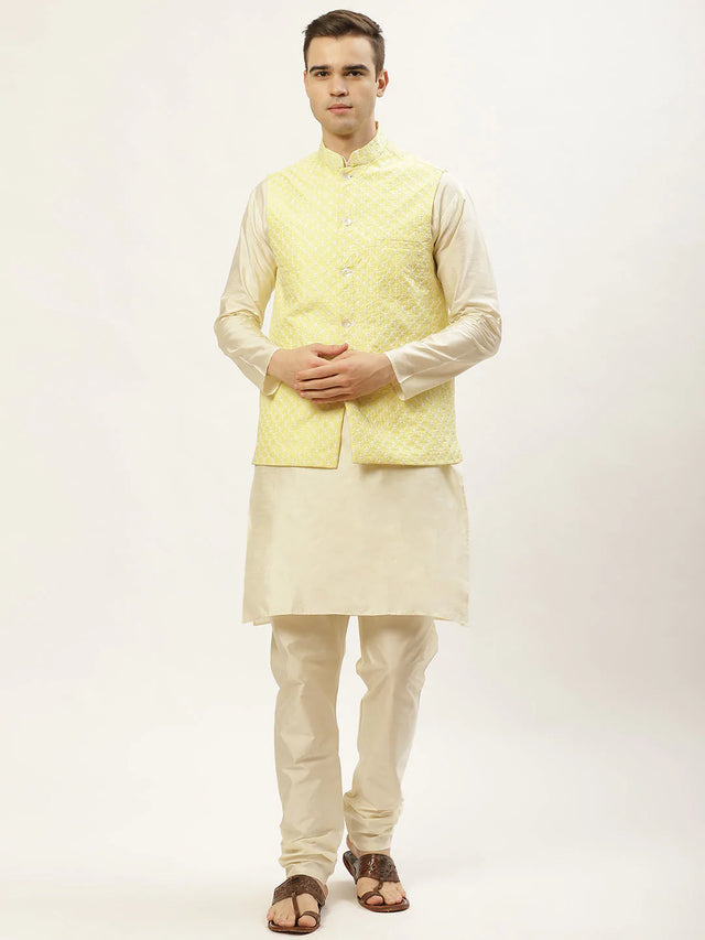 Men's Yellow Cotton Blend Chikankari Kurta Set With Jacket (JOKPWC_W-D_4029Yellow)