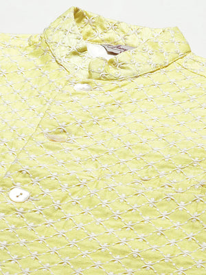 Men's Yellow Cotton Blend Chikankari Kurta Set With Jacket (JOKPWC_W-D_4029Yellow)