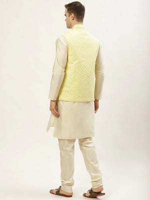 Men's Yellow Cotton Blend Chikankari Kurta Set With Jacket (JOKPWC_W-D_4029Yellow)