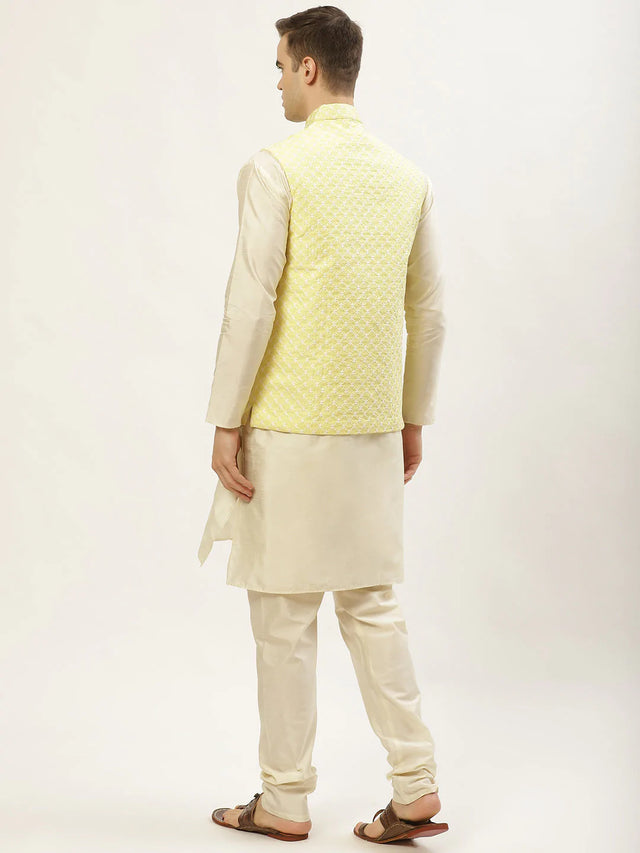 Men's Yellow Cotton Blend Chikankari Kurta Set With Jacket (JOKPWC_W-D_4029Yellow)