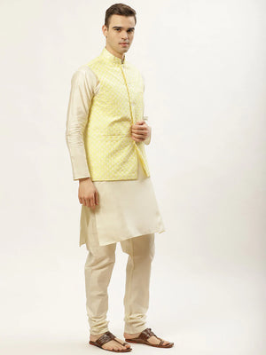 Men's Yellow Cotton Blend Chikankari Kurta Set With Jacket (JOKPWC_W-D_4029Yellow)