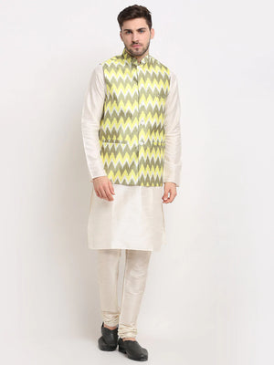 Men's Olive Silk Printed Kurta Set With Jacket