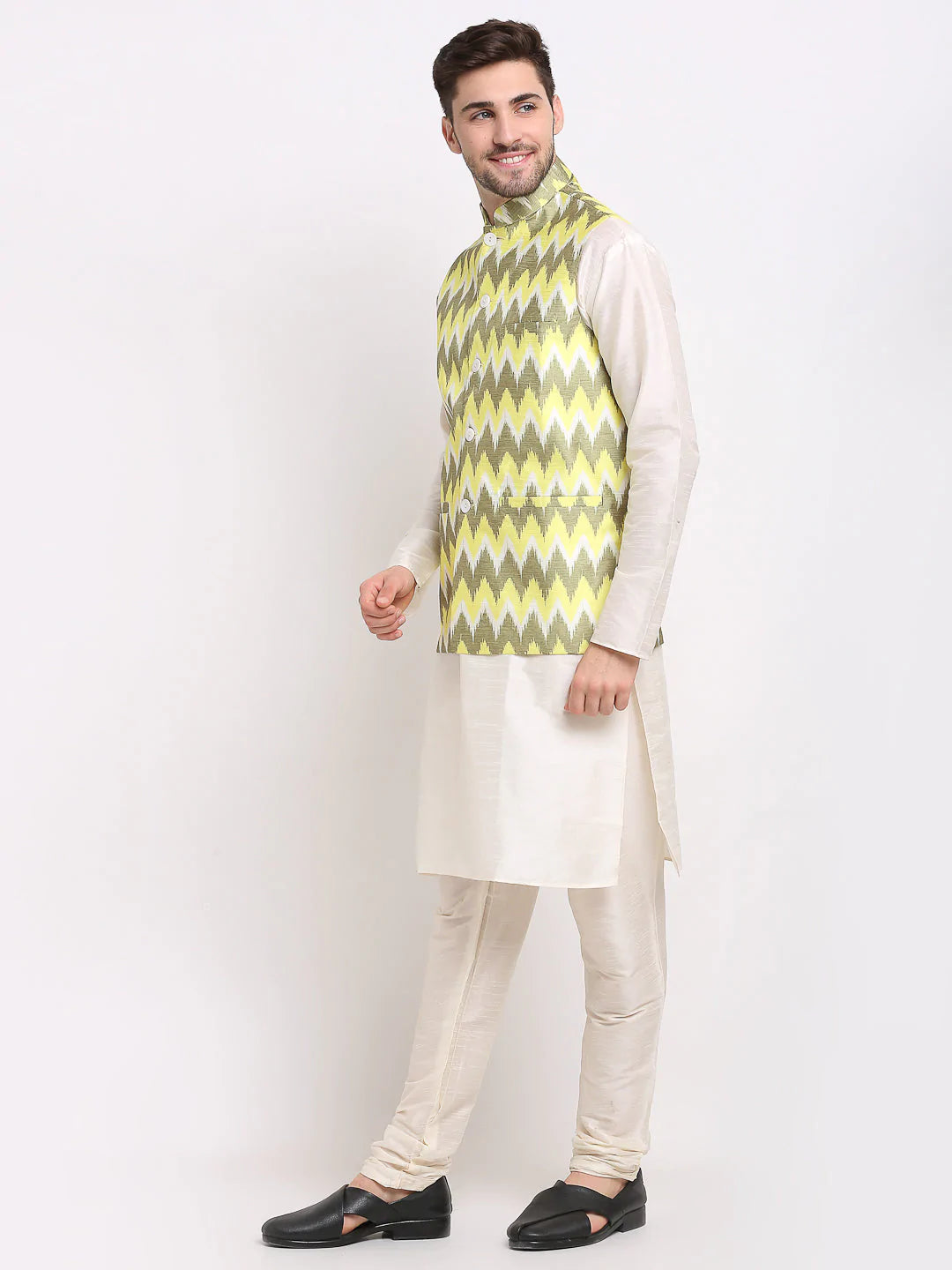 Men's Olive Silk Printed Kurta Set With Jacket