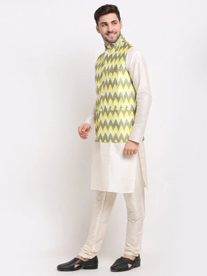Men's Olive Silk Printed Kurta Set With Jacket