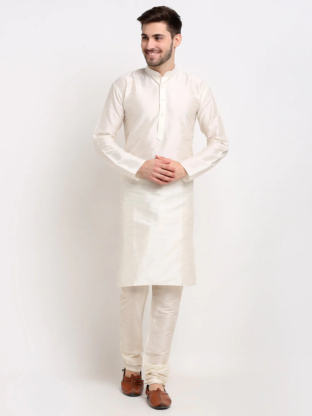 Men's Olive Silk Printed Kurta Set With Jacket