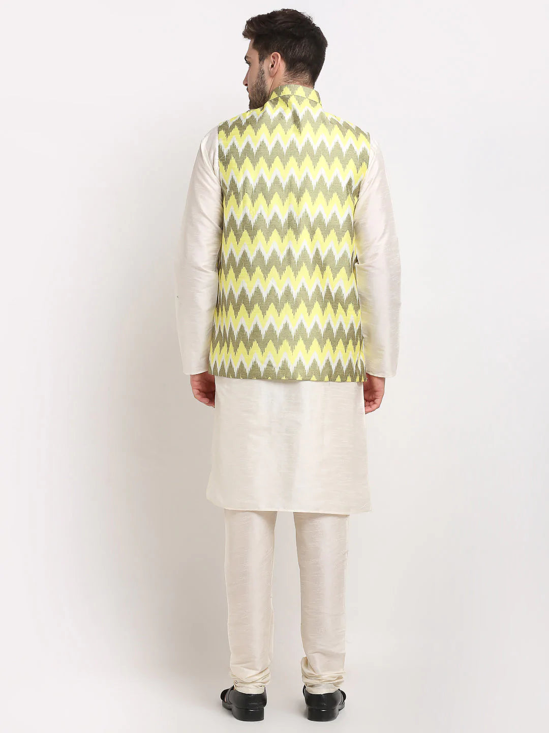 Men's Olive Silk Printed Kurta Set With Jacket