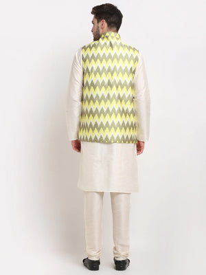 Men's Olive Silk Printed Kurta Set With Jacket