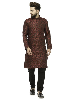 Men Maroon & Black Self Design Kurta with Churidar - Jompers