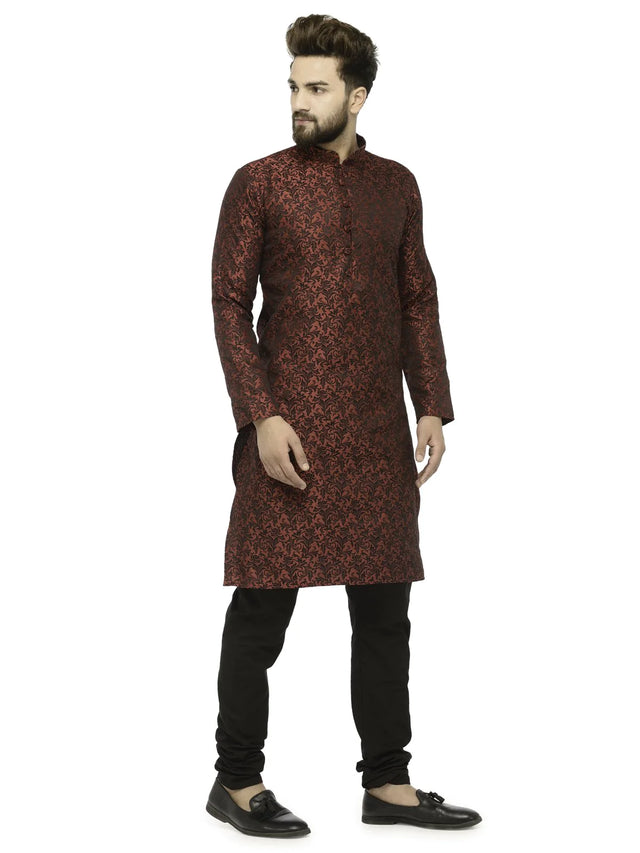 Men's Maroon Jacquard Silk Woven Design Kurta Set