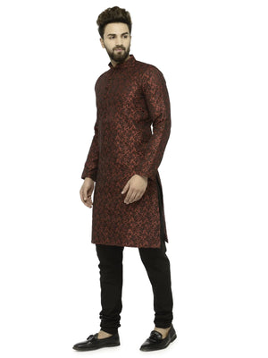 Men's Maroon Jacquard Silk Woven Design Kurta Set