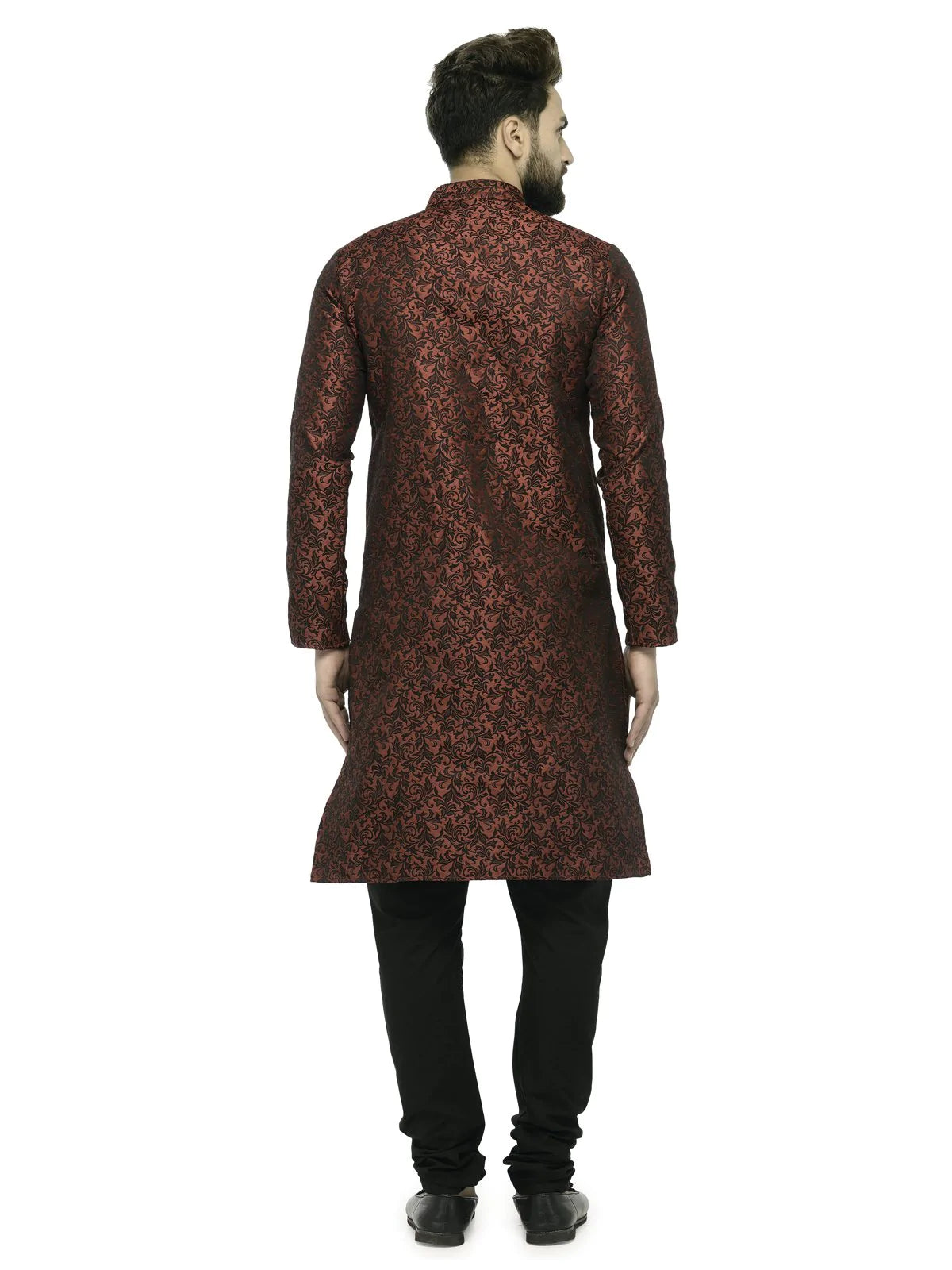 Men's Maroon Jacquard Silk Woven Design Kurta Set