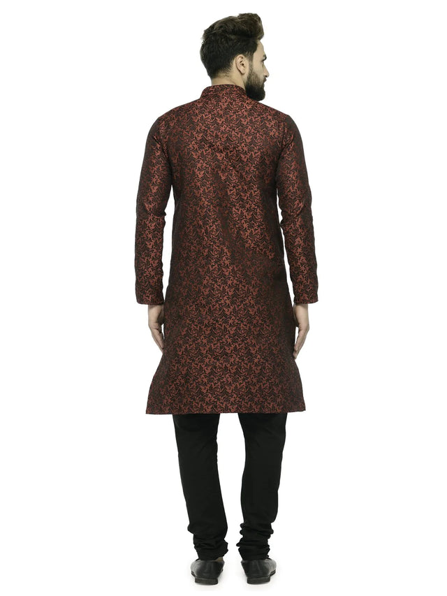 Men's Maroon Jacquard Silk Woven Design Kurta Set